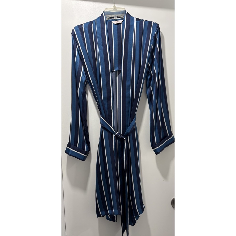 His/Hers Derek Rose 100% Silk Dressing  Gown  Stripes Navy/Royal/White Sz Small
